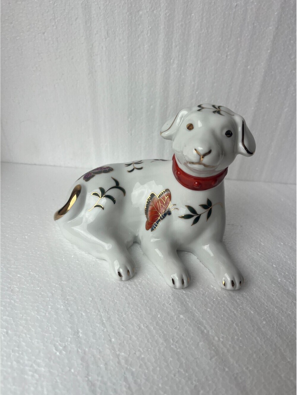 Takahashi Vintage Porcelain Dog Figurine White Butterfly Floral Gold